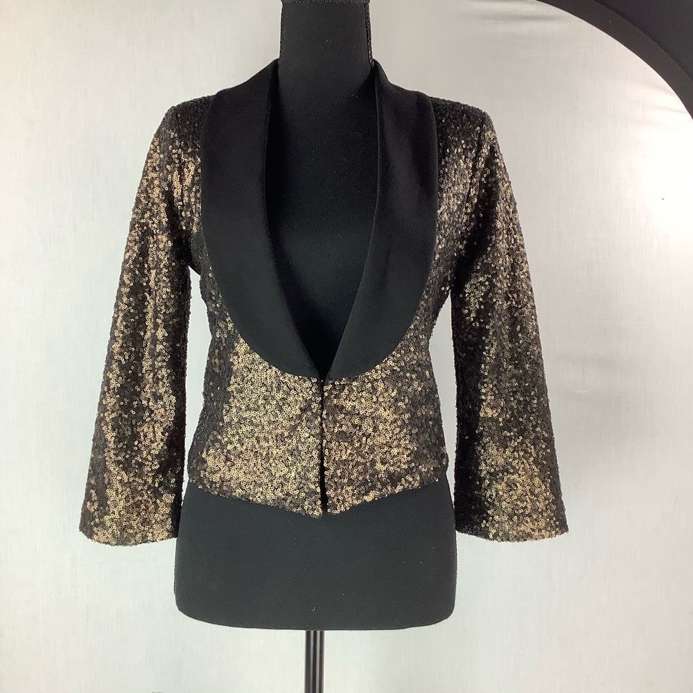 XOXO Women’s Metallic Copper Black Sequins Tuxedo Short Blazer
